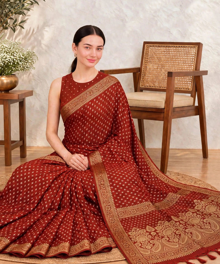 Orange golden hand printed bagru print silk saree