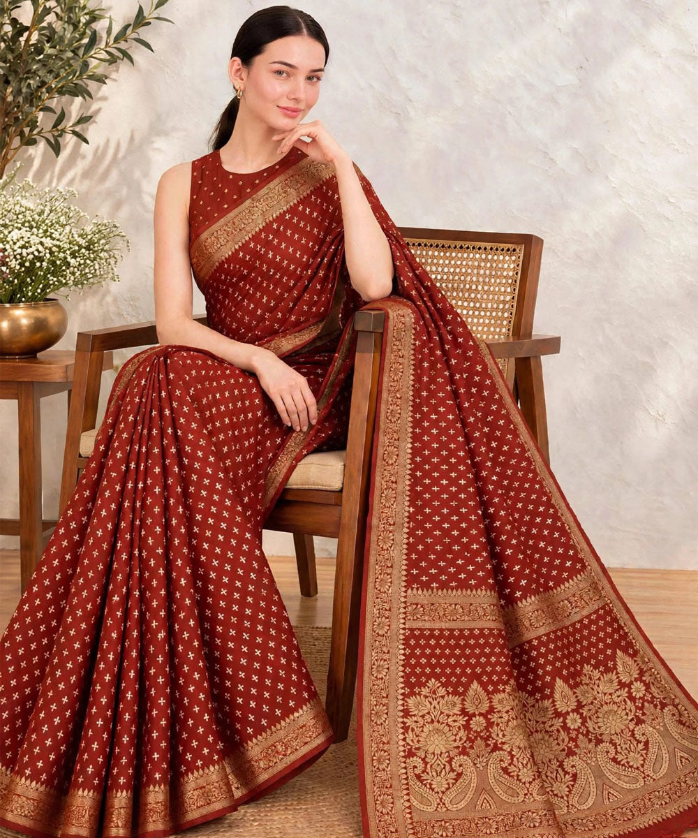 Orange golden hand printed bagru print silk saree