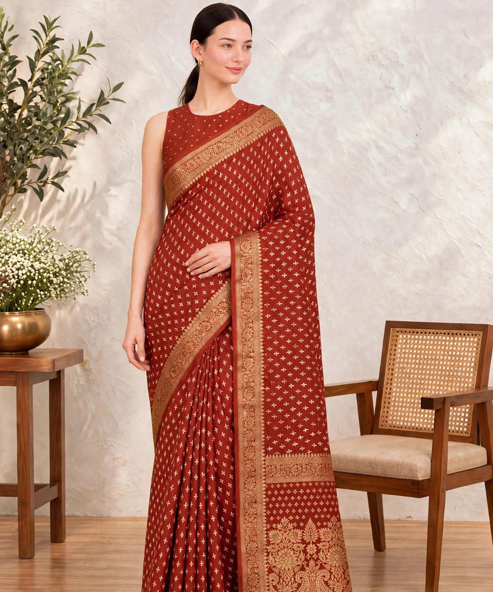 Orange golden hand printed bagru print silk saree