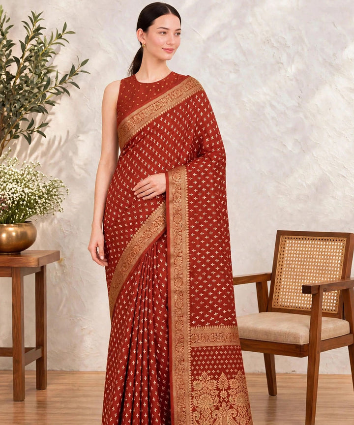 Orange golden hand printed bagru print silk saree