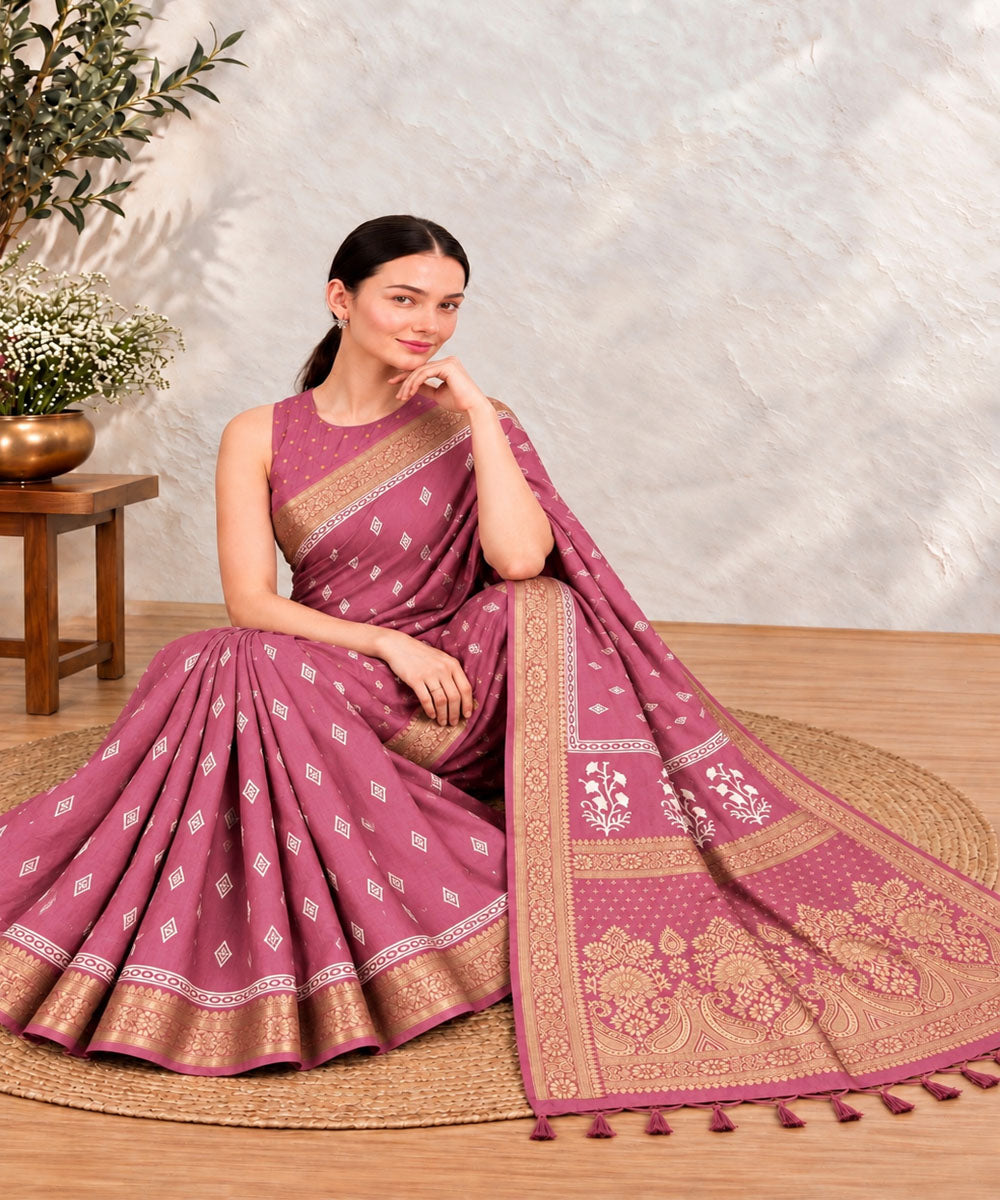 Mauve golden hand printed sanganeri print silk saree