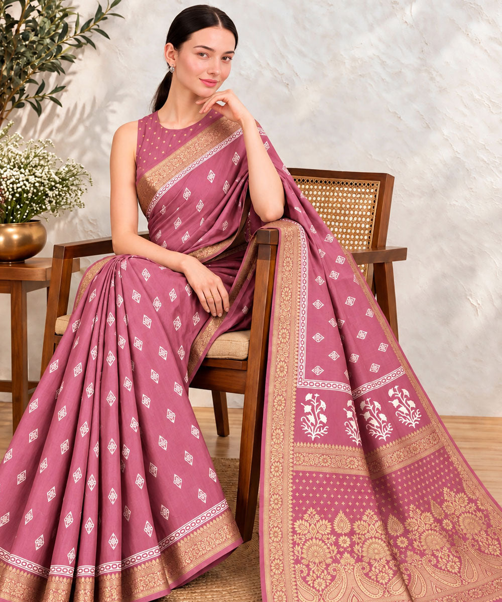 Mauve golden hand printed sanganeri print silk saree