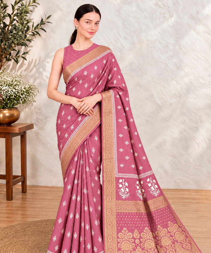 Mauve golden hand printed sanganeri print silk saree