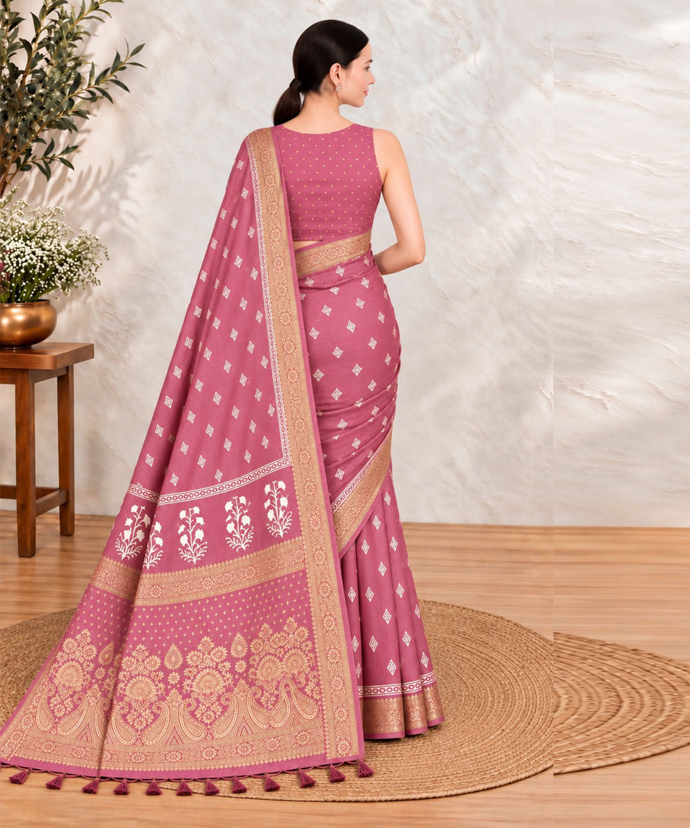 Mauve golden hand printed sanganeri print silk saree