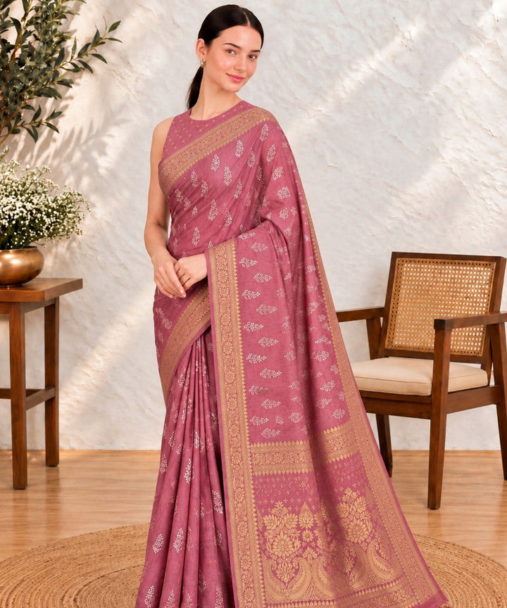 Mauve golden hand printed Sanganeri Print silk saree