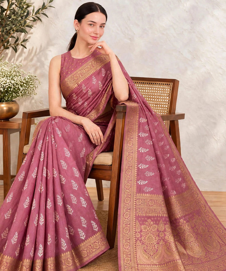 Mauve golden hand printed Sanganeri Print silk saree
