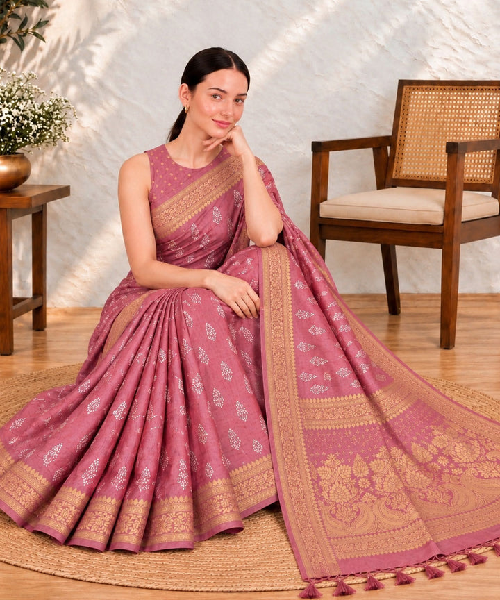Mauve golden hand printed Sanganeri Print silk saree