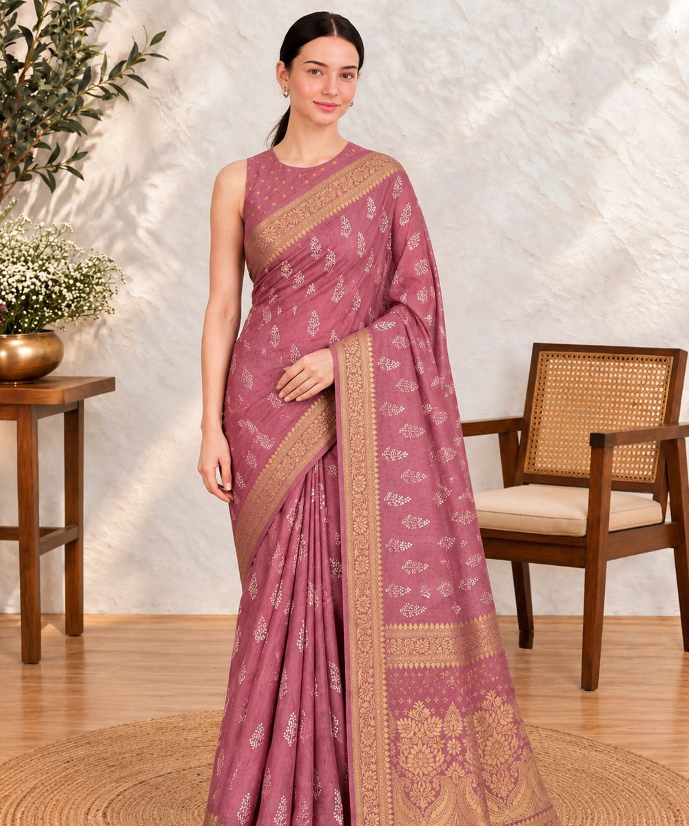 Mauve golden hand printed Sanganeri Print silk saree