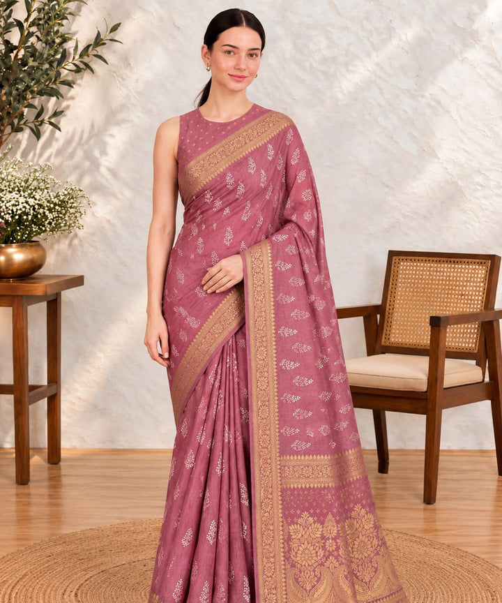 Mauve golden hand printed Sanganeri Print silk saree