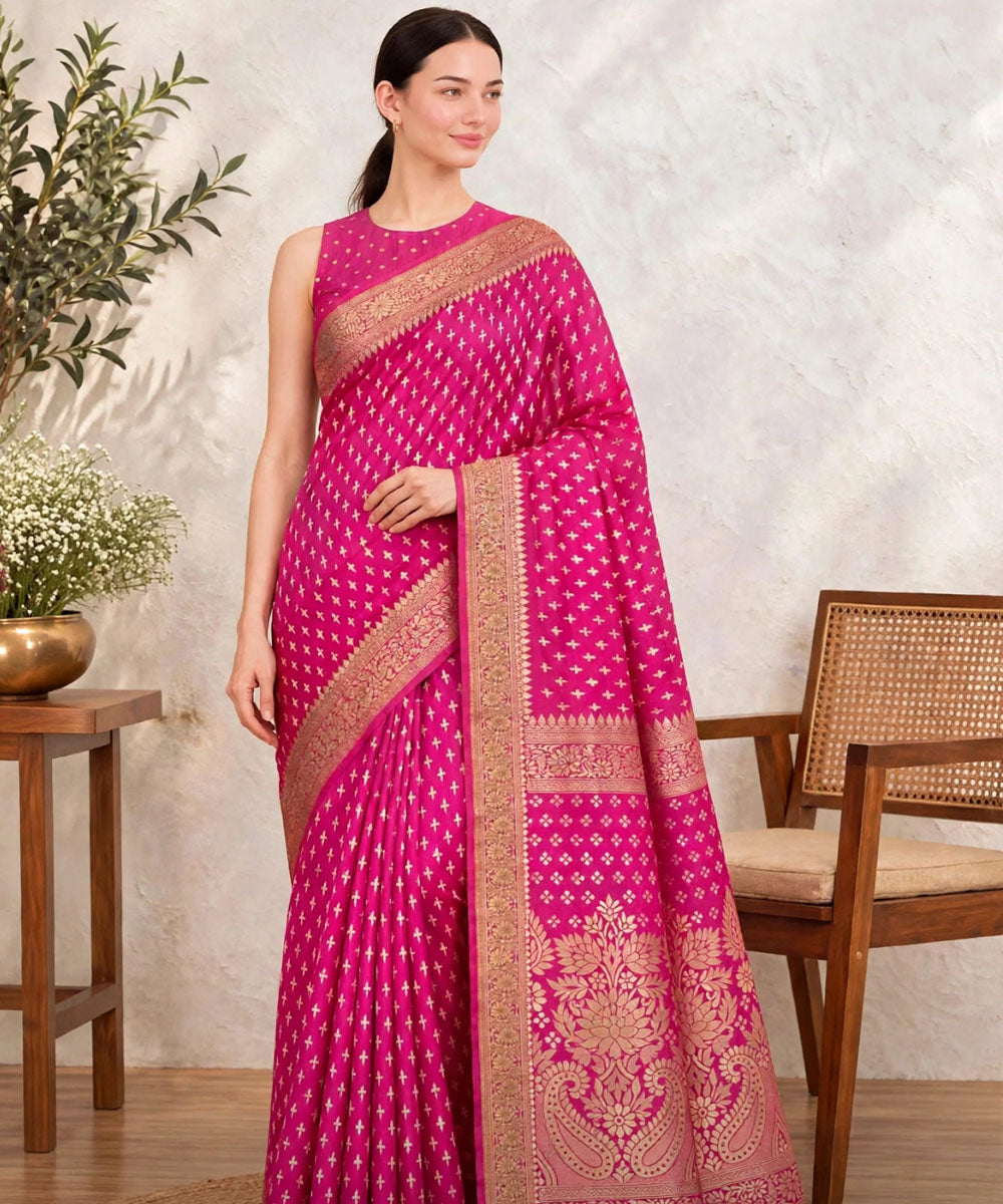 Pink golden hand printed sanganeri print silk saree