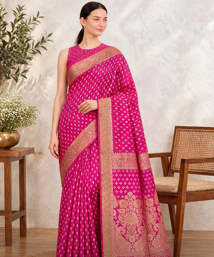 Pink golden hand printed sanganeri print silk saree