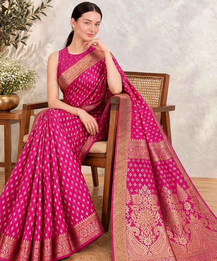 Pink golden hand printed sanganeri print silk saree