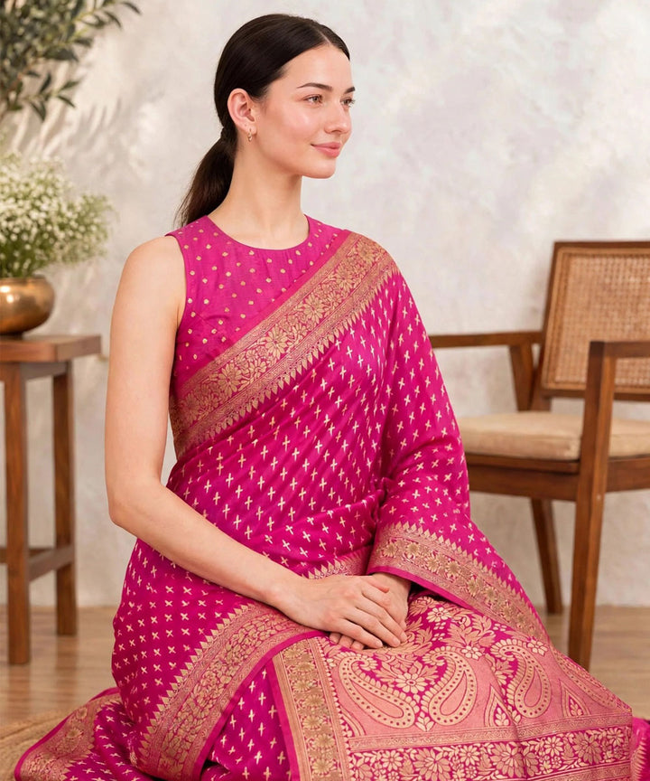 Pink golden hand printed sanganeri print silk saree
