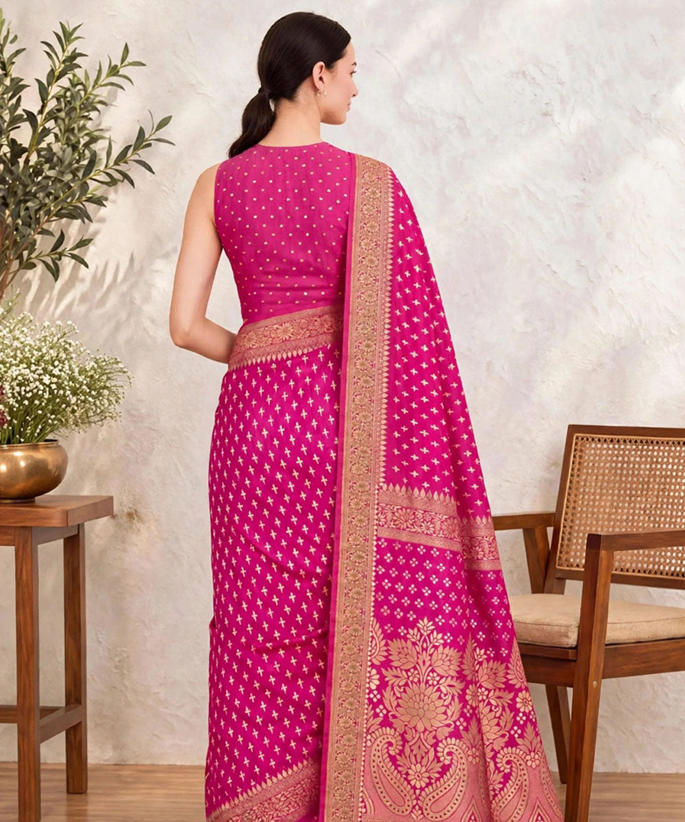 Pink golden hand printed sanganeri print silk saree