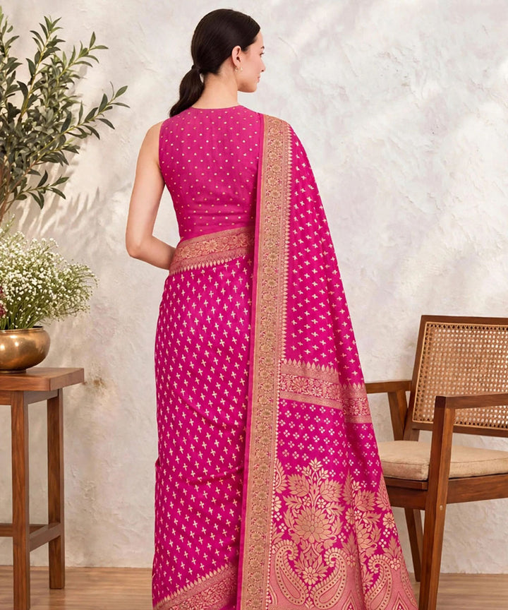 Pink golden hand printed sanganeri print silk saree