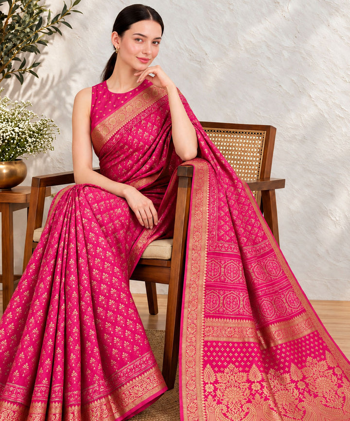 Pink golden hand printed sanganeri print silk saree