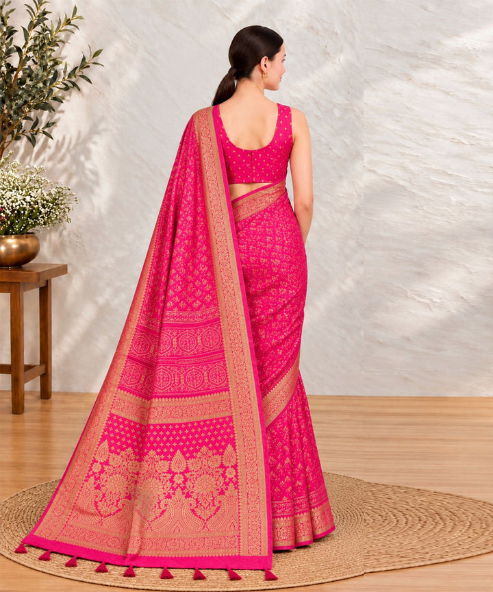 Pink golden hand printed sanganeri print silk saree