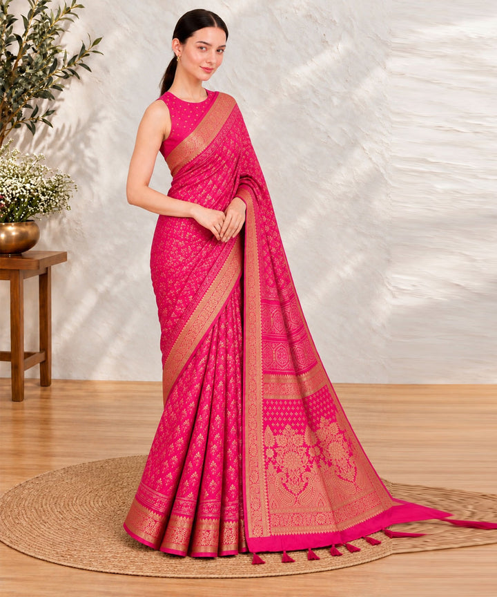 Pink golden hand printed sanganeri print silk saree