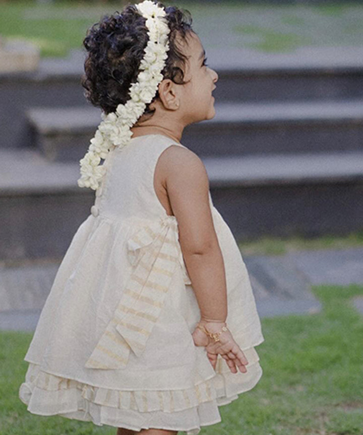 Cream handwoven frilled stripe dress set