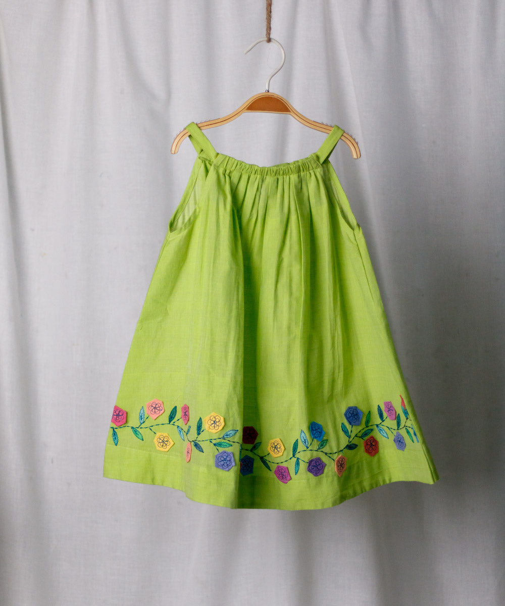 Green handwoven cotton floral embroidery sleeveless dress