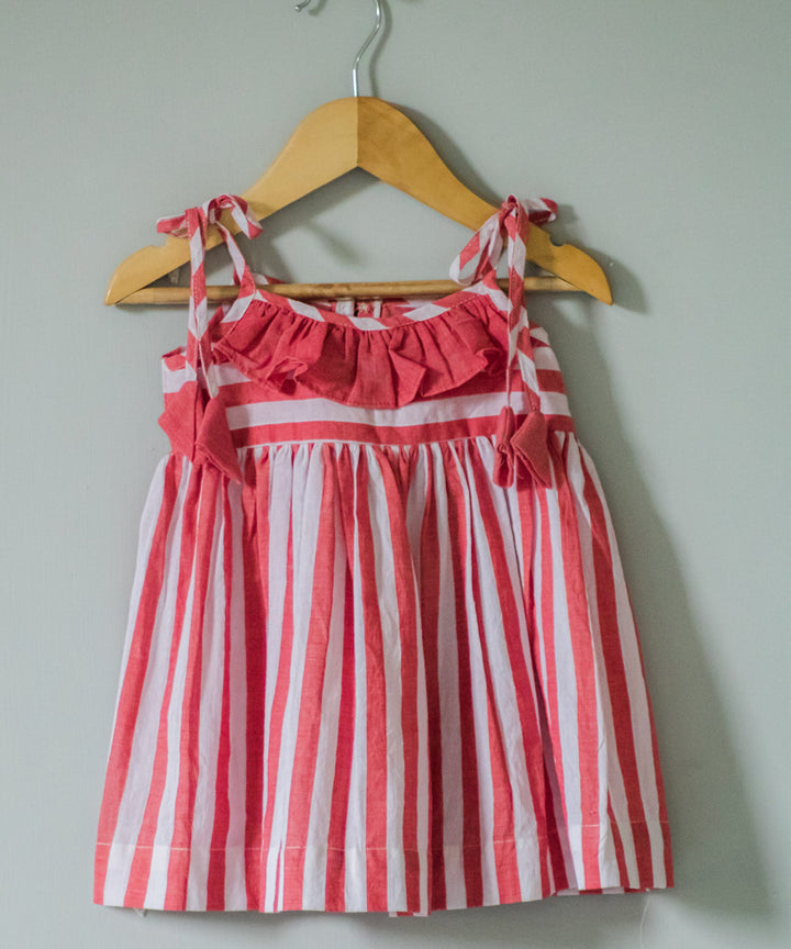 Red white handwoven cotton frilled neck dress