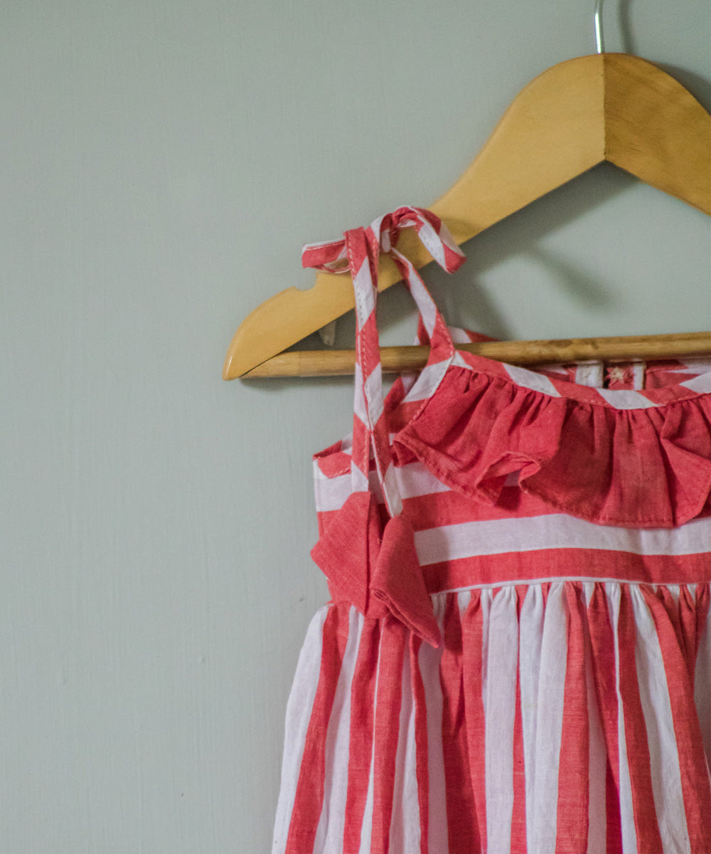 Red white handwoven cotton frilled neck dress