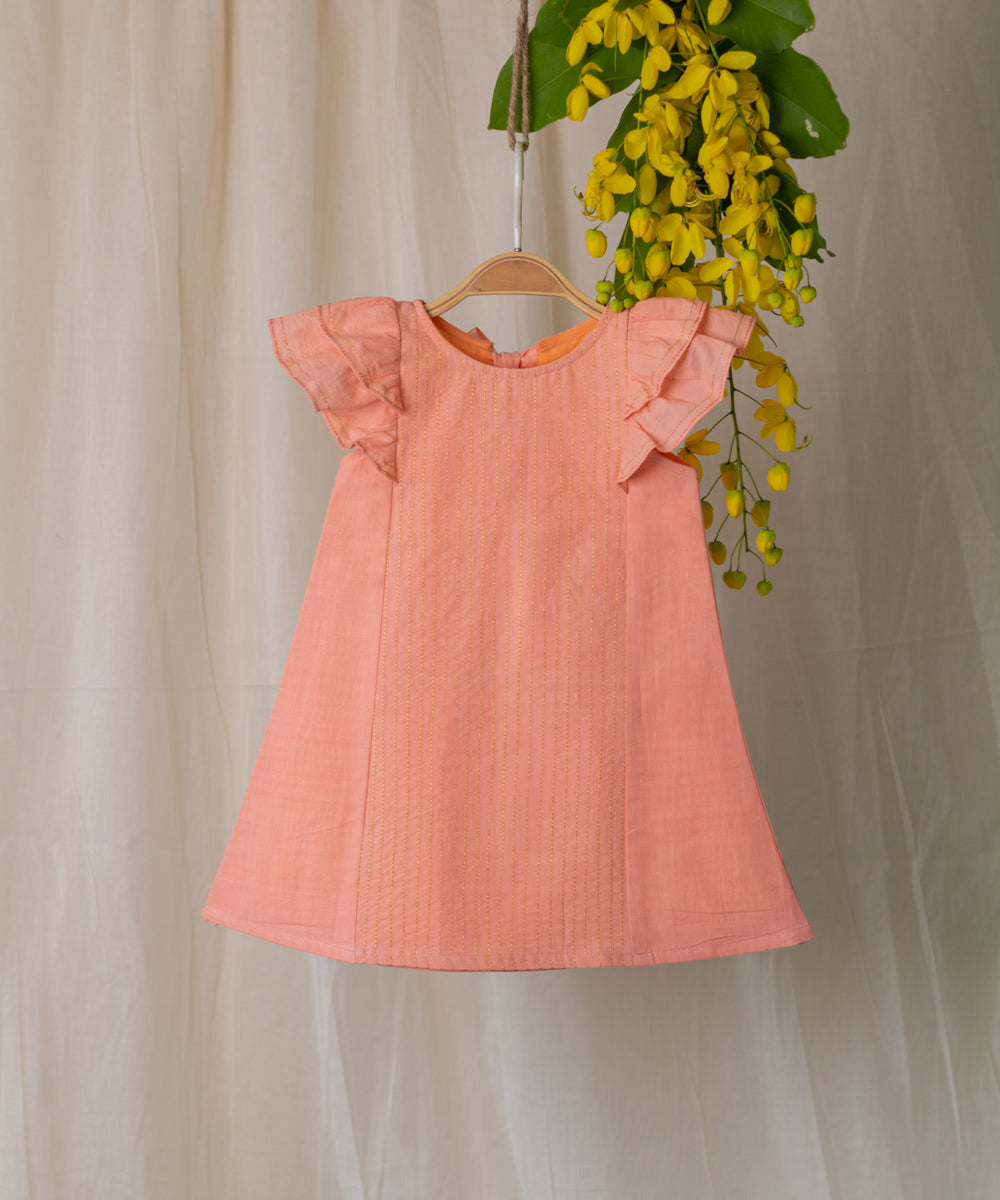 Peach handwoven cotton frilled sleeve dress