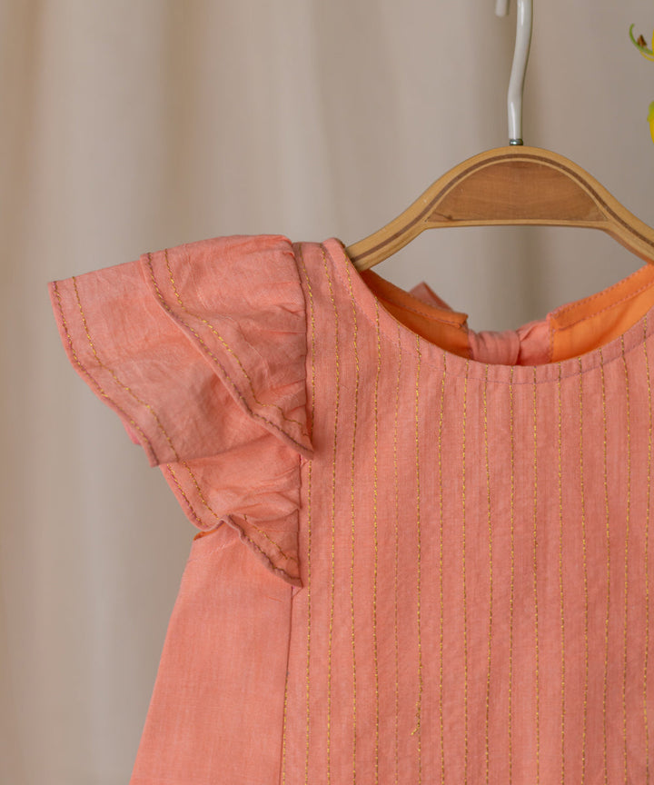 Peach handwoven cotton frilled sleeve dress