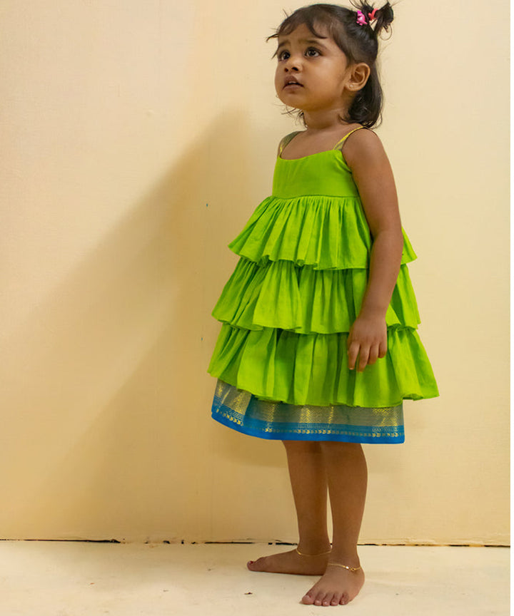 Green handwoven cotton tiered dress