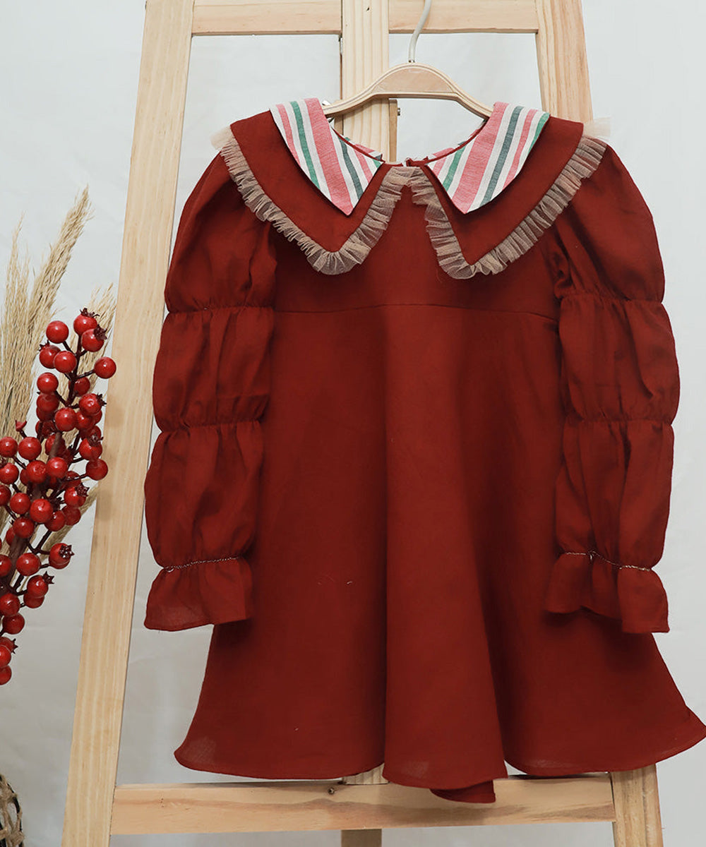 Red cotton peter pan collar puff sleeves dress