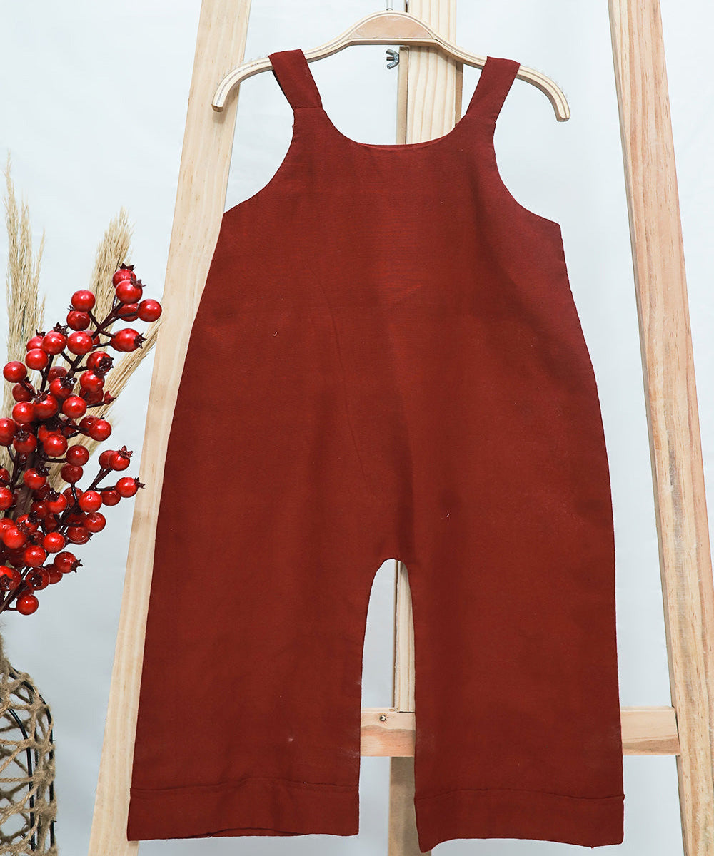 Red handembroidered cotton knot sleeve jumpsuit