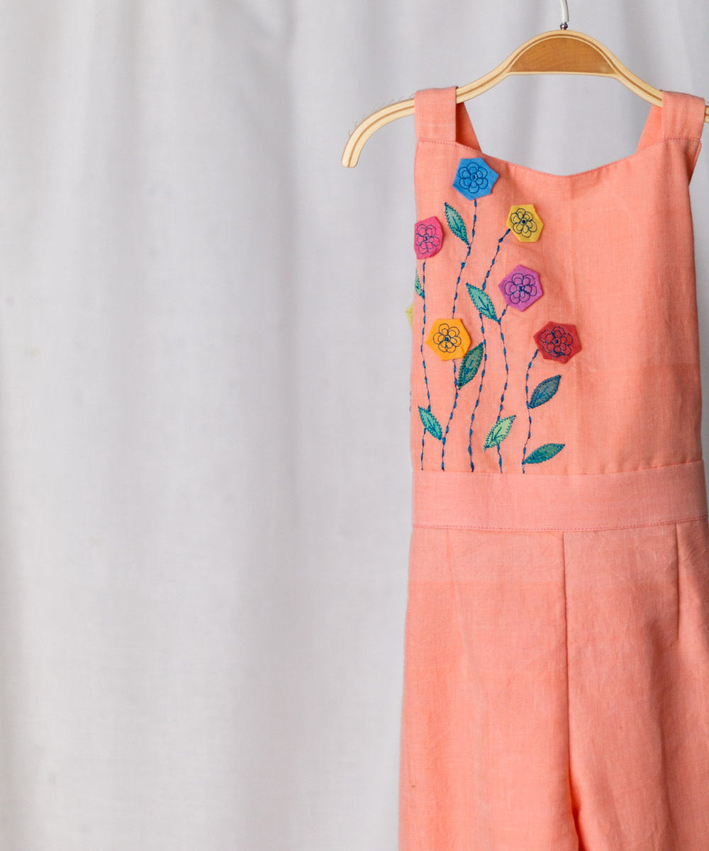 Peach floral hand embroiered cotton dress