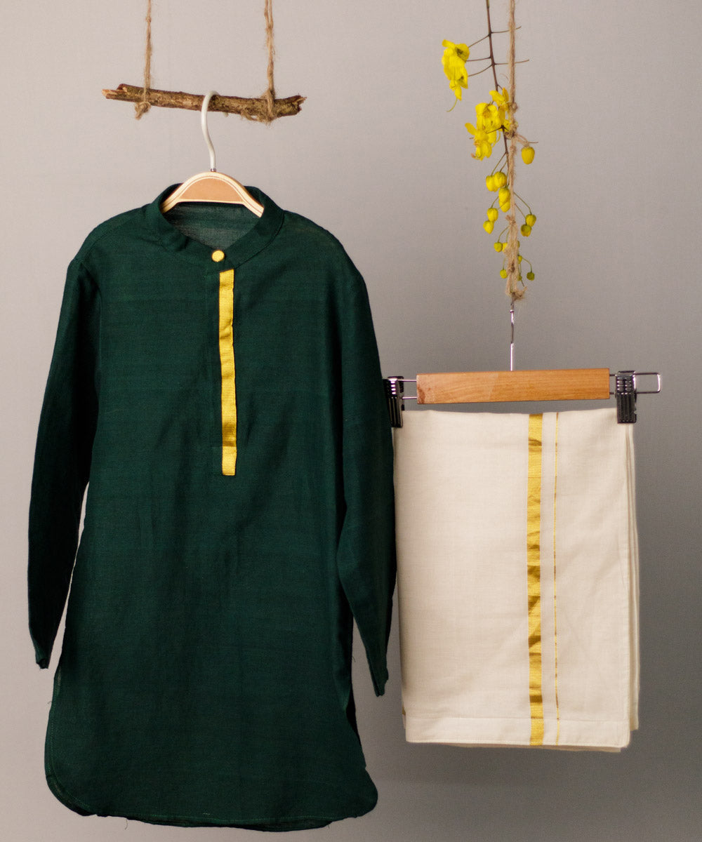 Green handwoven cotton kasavu border kurta