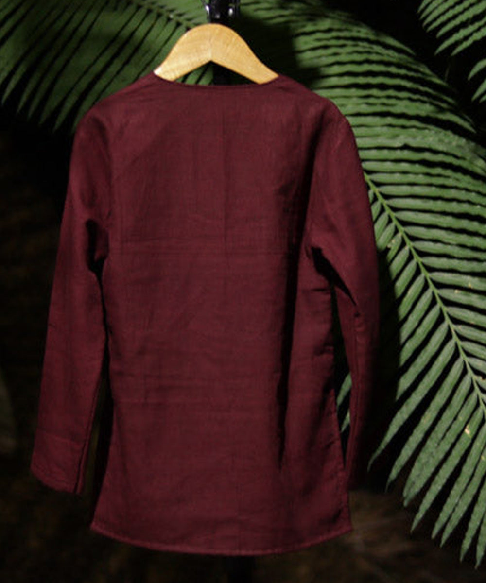 Maroon handwoven cotton flap style neck kurta
