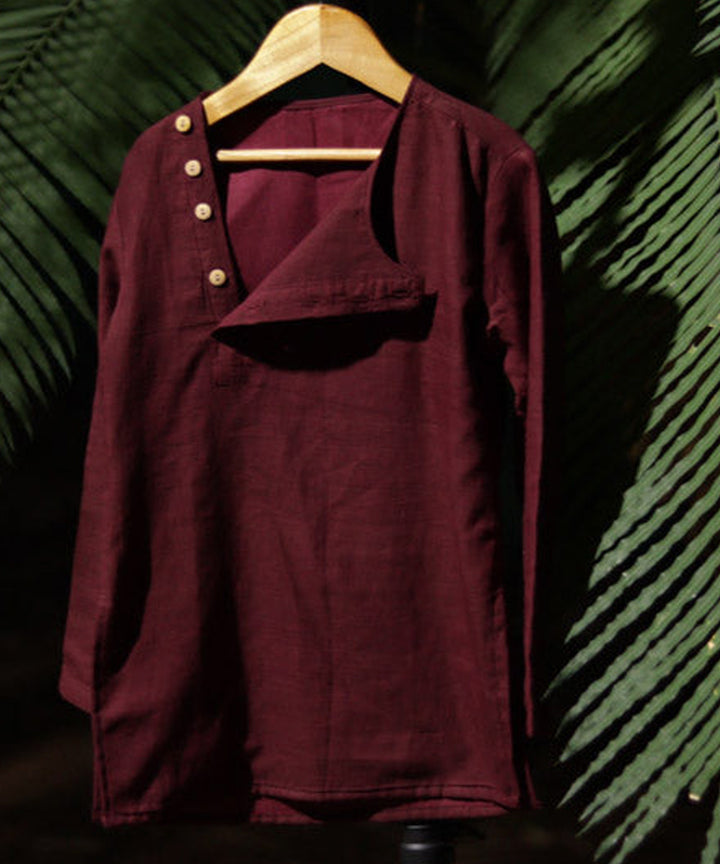 Maroon handwoven cotton flap style neck kurta