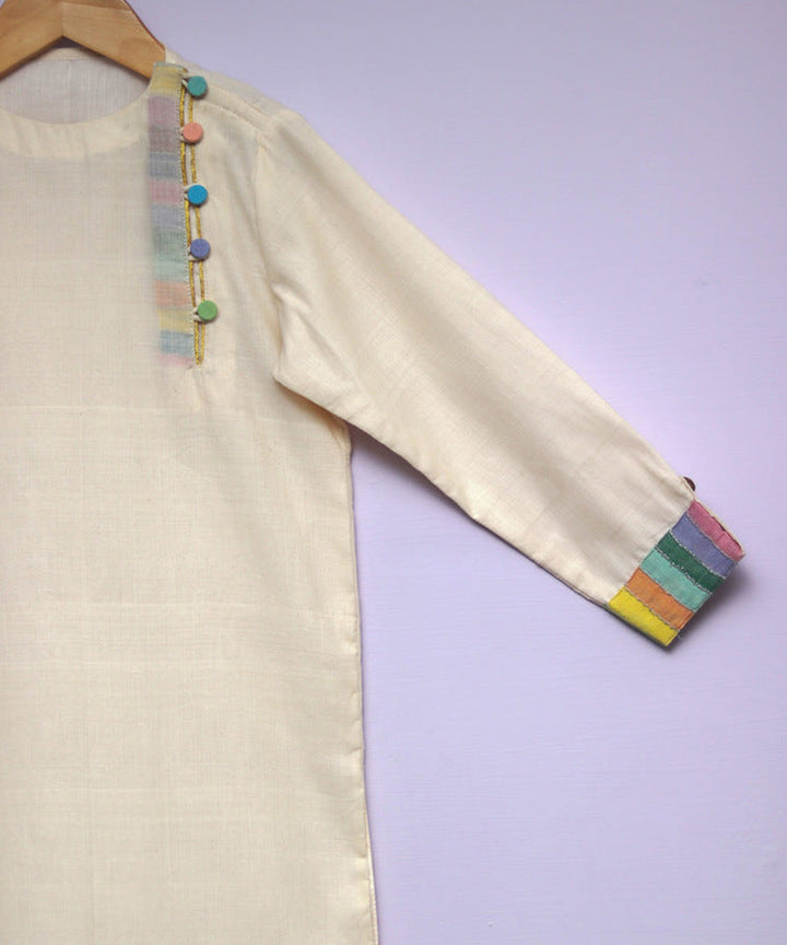 Cream handwoven cotton multicolor border kurta
