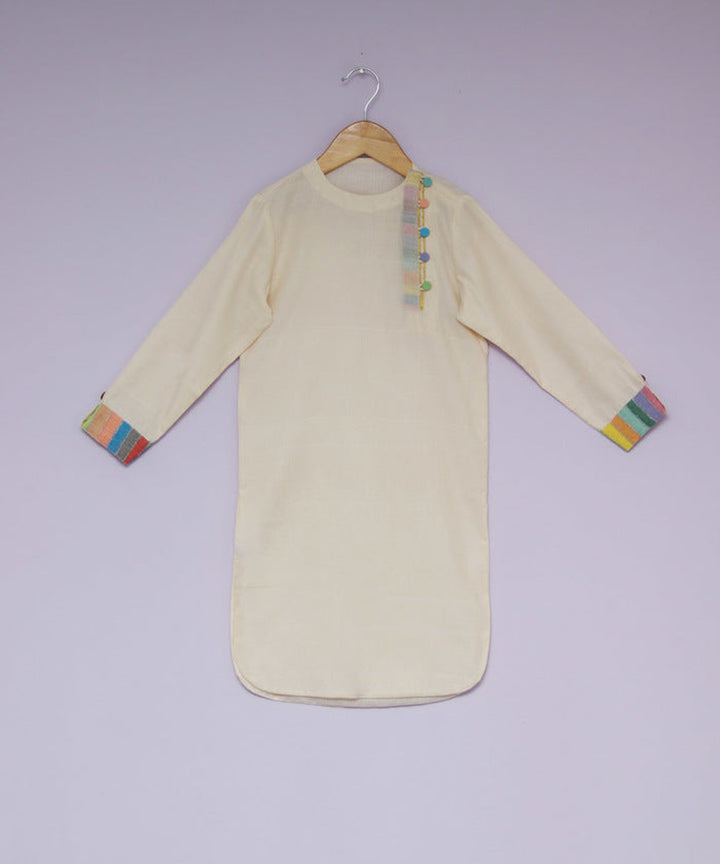 Cream handwoven cotton multicolor border kurta