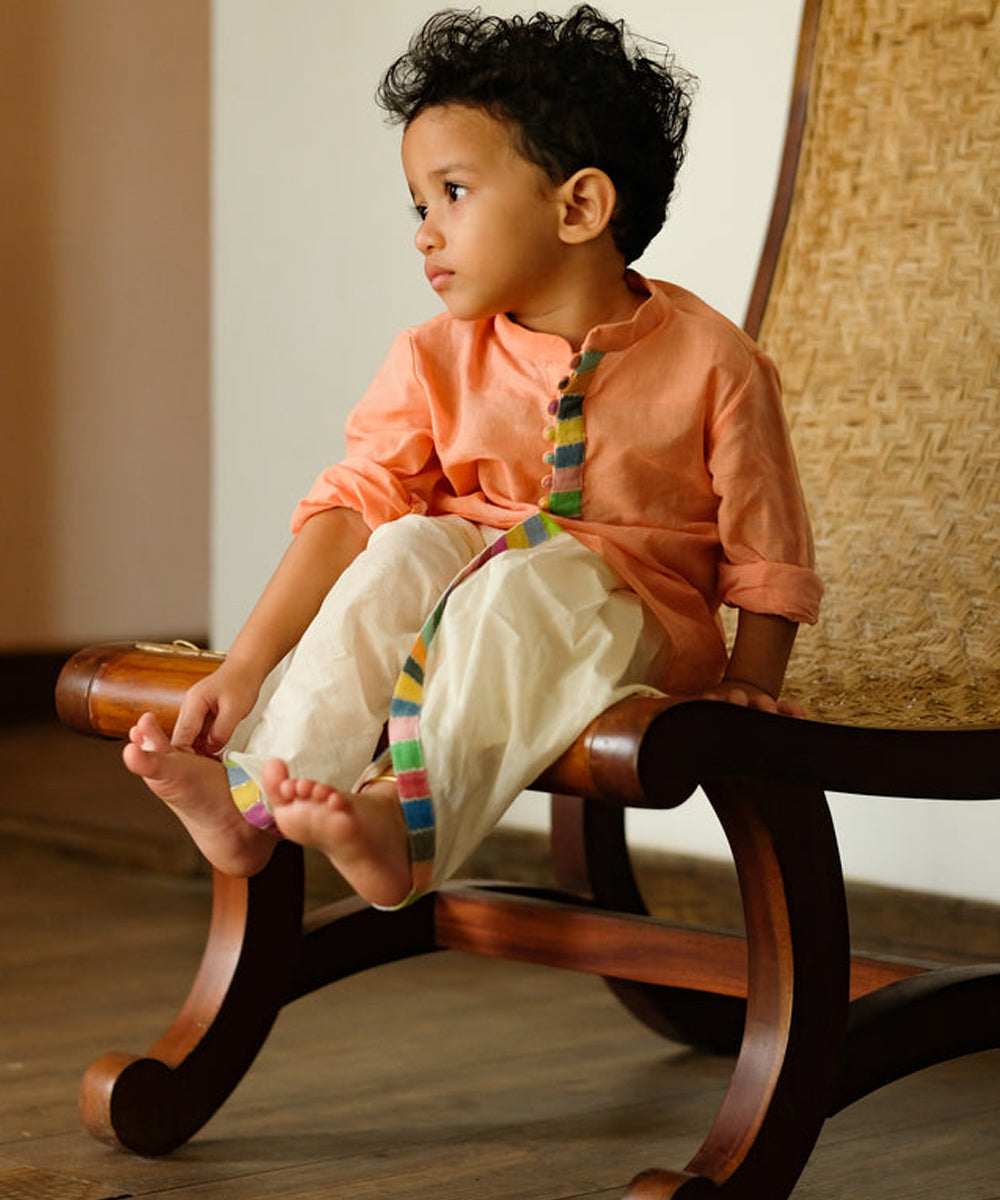 Orange handwoven cotton mandarin collar kurta
