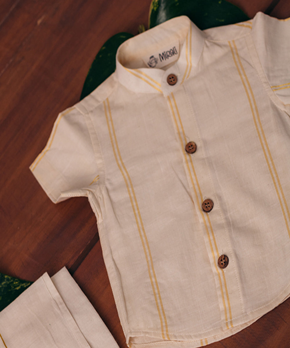 Cream handwoven cotton mandrian shirt with golden kasavu