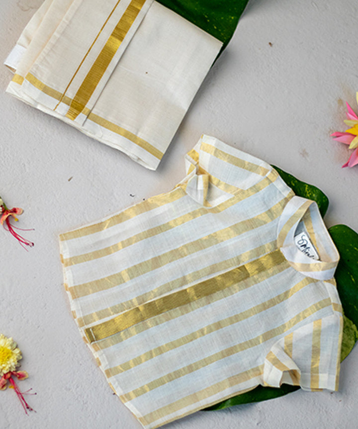 Cream handwoven cotton shirt with mundu