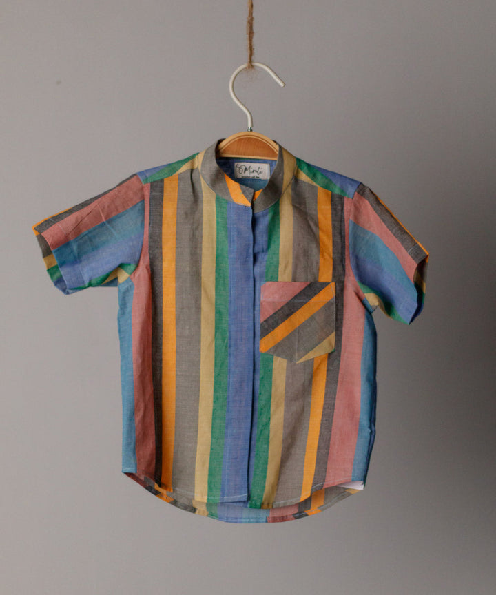 Multicolor handwoven cotton chinese collar shirt