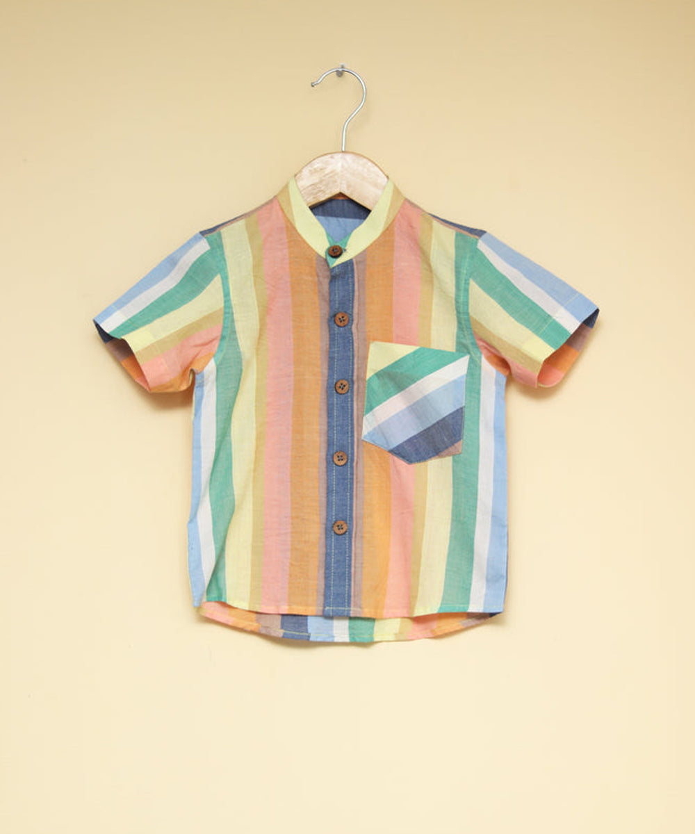 Multicolor handwoven cotton mandarin collar shirt
