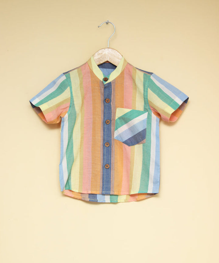 Multicolor handwoven cotton mandarin collar shirt