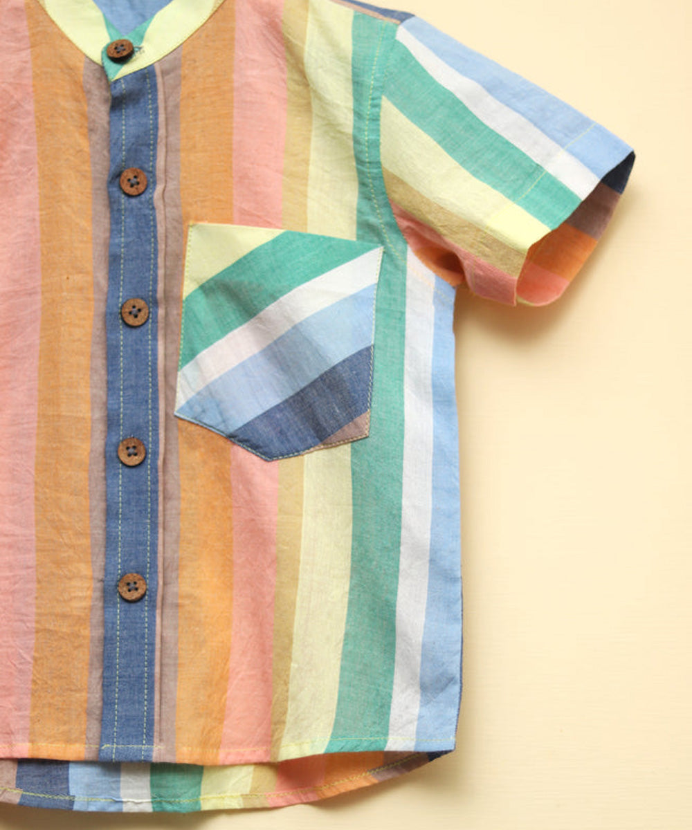 Multicolor handwoven cotton mandarin collar shirt