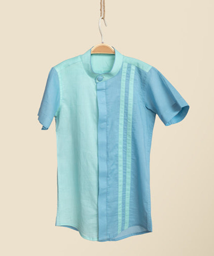 Blue handwoven cotton colorblock shirt