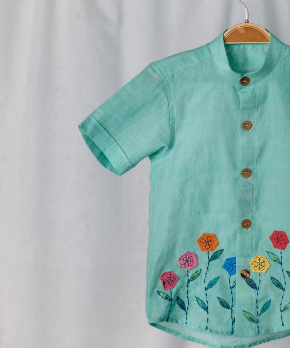 Sky blue floral handembroidered cotton shirt