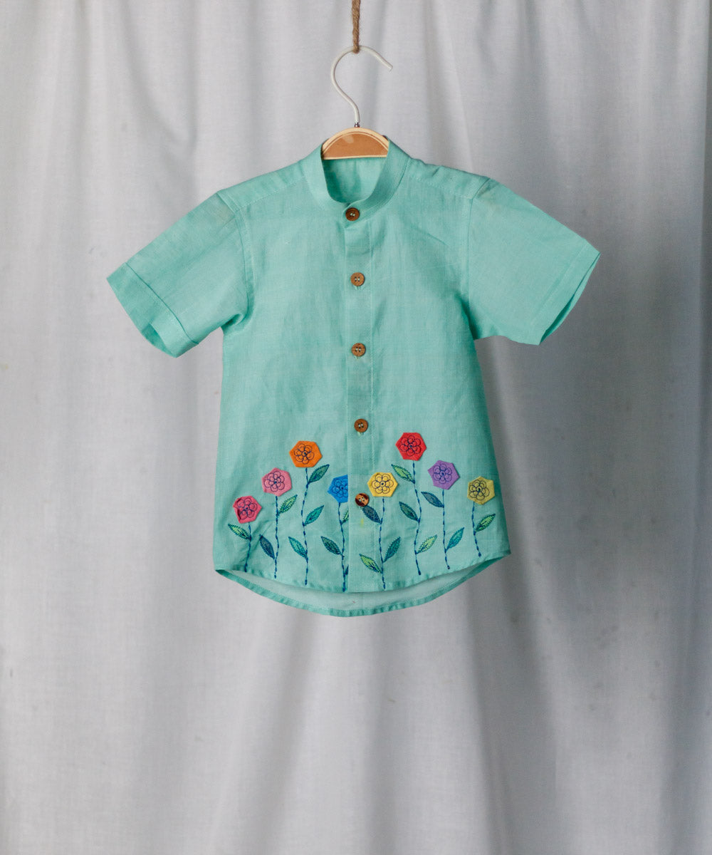 Sky blue floral handembroidered cotton shirt