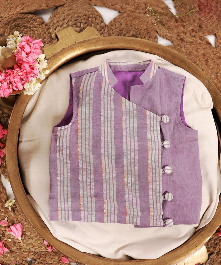 Lavender handwoven cotton chinese collar kurta with dhoti set