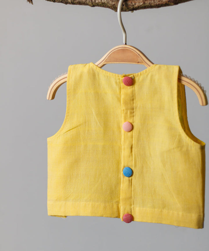 Yellow handwoven multicolor detail cotton top and pant set