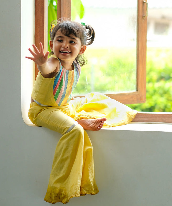 Yellow handwoven multicolor detail cotton top and pant set
